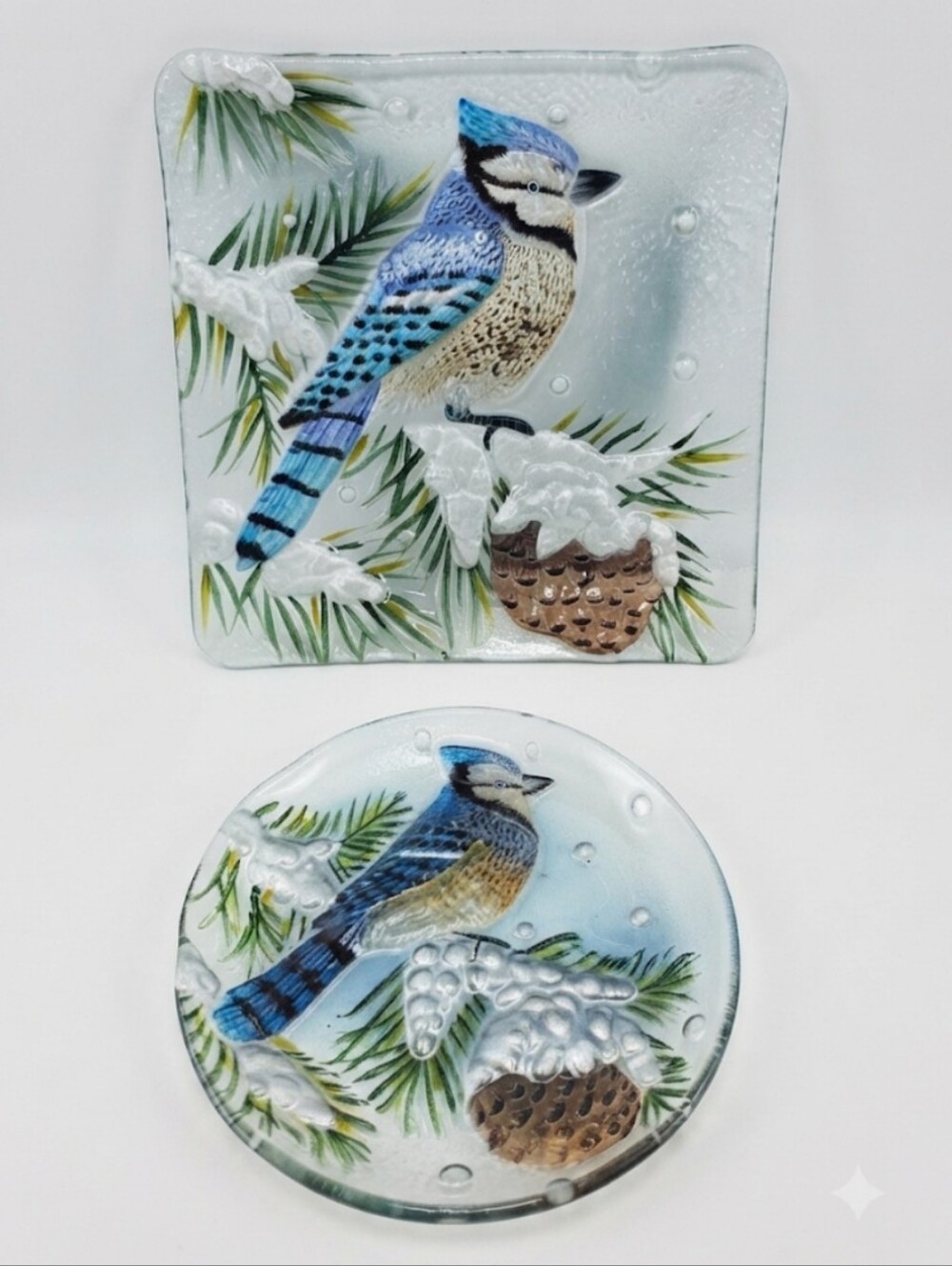 Tii Collections Winter Blue Jay Fused Glass Plate Set – 10.5” & 8”